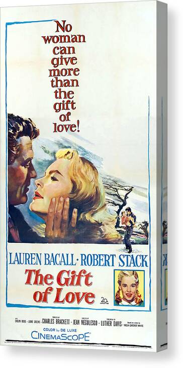Lauren Bacall Canvas Print featuring the mixed media ''The Gift of Love'', with Lauren Bacall and Robert Stack, 1958 by Movie World Posters