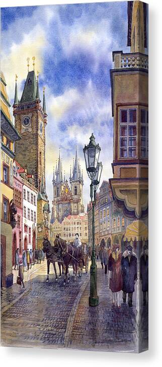 Watercolour Canvas Print featuring the painting Prague Old Town Square 01 #1 by Yuriy Shevchuk