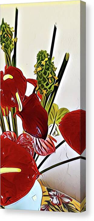 #aliohabouquetoftheday #anthuriums #apportion #greenginger #darkred Canvas Print featuring the photograph Aloha Bouquet of the Day - Anthuriums in Darkl Red with Green Ginger - a Portion by Joalene Young