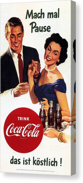 Coca Cola Canvas Print featuring the mixed media Coca Cola - Vintage Cool Drinks Advertising Poster by Studio Grafiikka