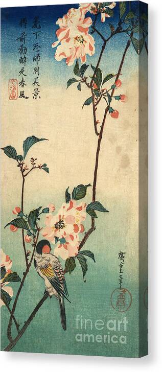 Kaidōm Canvas Print featuring the painting Kaido ni shokin II - Small bird on a blossoming branch II by Utagawa Hiroshige