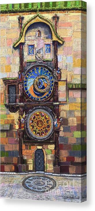 Cityscape Canvas Print featuring the painting Prague The Horologue at OldTownHall by Yuriy Shevchuk