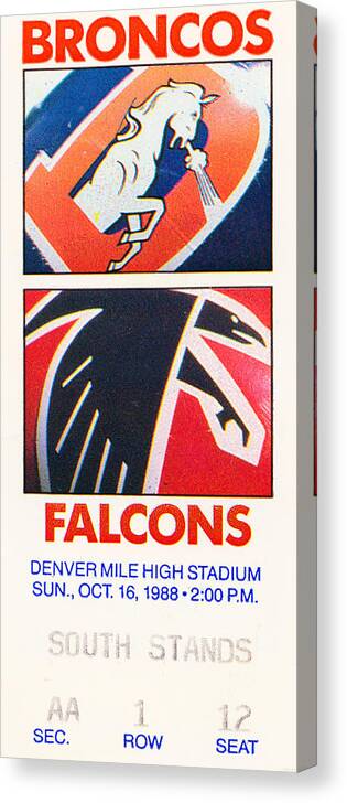 Denver Broncos Ticket Canvas Print featuring the mixed media 1988 Denver vs. Atlanta by Row One Brand