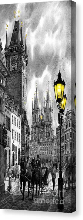 Geelee.watercolour Paper Canvas Print featuring the painting BW Prague Old Town Squere by Yuriy Shevchuk