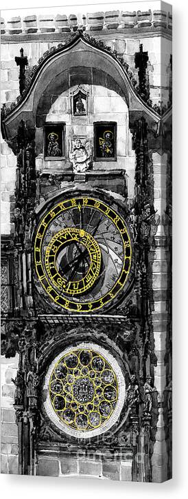 Geelee.watercolour Paper Canvas Print featuring the painting BW Prague The Horologue at OldTownHall by Yuriy Shevchuk