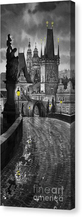 Prague Canvas Print featuring the painting BW Prague Charles Bridge 03 by Yuriy Shevchuk