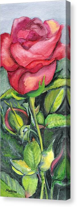 Red Rose Flower Green Painting Watercolor Marsha Canvas Print featuring the painting On a Slender Stem by Marsha Woods
