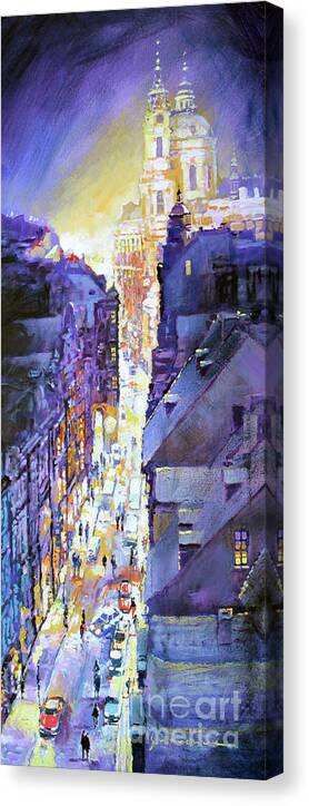 Painting Canvas Print featuring the painting Praha Mostecka str. Winter Evening by Yuriy Shevchuk