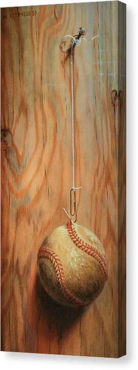 Baseball Canvas Print featuring the painting The hanging Baseball by William Albanese Sr