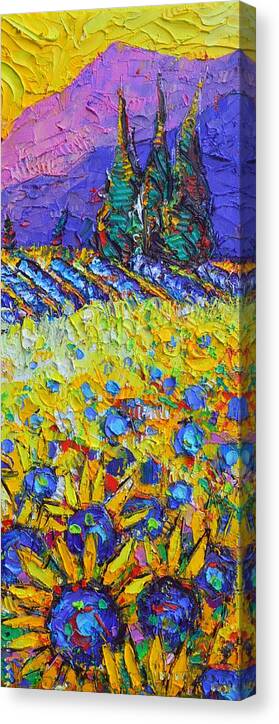 Provence Canvas Print featuring the painting PROVENCE SUNFLOWERS textural impasto palette knife painting abstract landscape by Ana Maria Edulescu by Ana Maria Edulescu