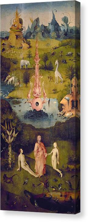 Adam Canvas Print featuring the painting 'The Garden of Earthly Delights' -left panel-, 1500-1505, Oil on panel, 220 cm x 97 cm, P02823. EVE. by Hieronymus Bosch -c 1450-1516-