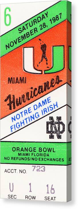 Miami Hurricanes Canvas Print featuring the mixed media 1987 Miami vs. Notre Dame by Row One Brand