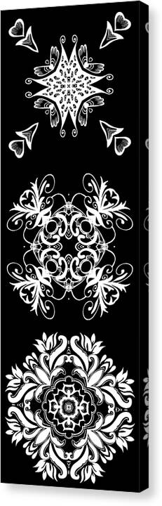 Intricate Canvas Print featuring the digital art Coffee Flowers Ornate Medallions BW Vertical Tryptych 2 by Angelina Tamez