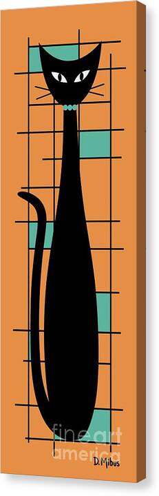 Mid Century Modern Cat Canvas Print featuring the digital art Tall Mondrian Cat on Orange by Donna Mibus
