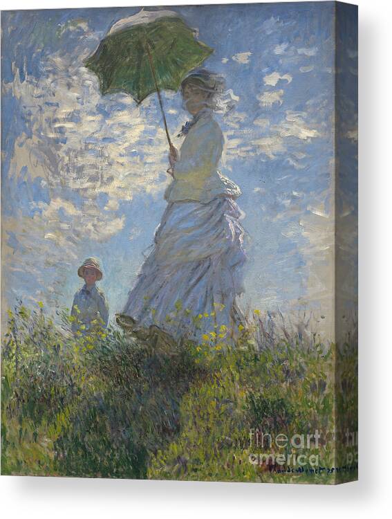 Female; Male; Boy; Child; Hill; Walking; Walk; Stroll; Summer; Outdoors; Mother; Hat; Impressionist; Artists Canvas Print featuring the painting Woman with a Parasol Madame Monet and Her Son by Claude Monet