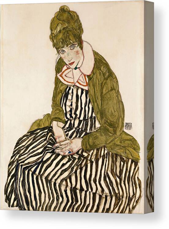 Egon Schiele Canvas Print featuring the drawing Edith with Striped Dress Sitting #4 by Egon Schiele