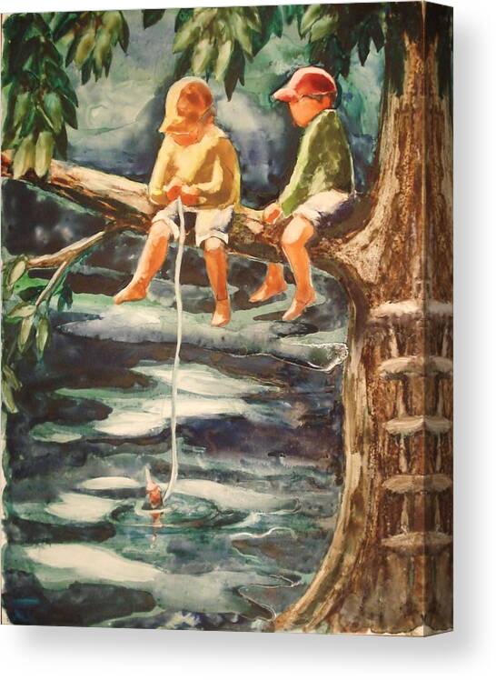 Boys Canvas Print featuring the painting Jes Fishin #1 by Marilyn Jacobson