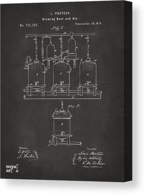 Beer Canvas Print featuring the digital art 1873 Brewing Beer and Ale Patent Artwork - Gray by Nikki Marie Smith