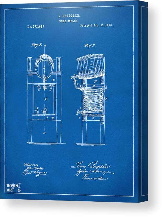 Beer Canvas Print featuring the digital art 1876 Beer Keg Cooler Patent Artwork Blueprint by Nikki Marie Smith