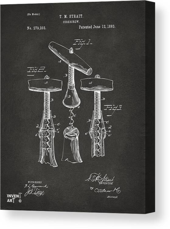 Corkscrew Canvas Print featuring the digital art 1883 Wine Corckscrew Patent Artwork - Gray by Nikki Marie Smith