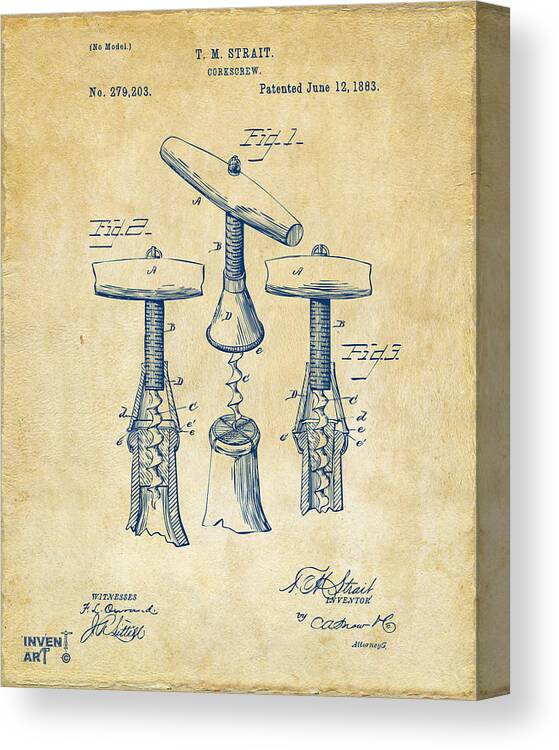 Corkscrew Canvas Print featuring the digital art 1883 Wine Corckscrew Patent Artwork - Vintage by Nikki Marie Smith