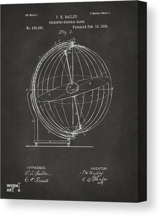 Globe Canvas Print featuring the digital art 1886 Terrestro Sidereal Globe Patent 2 Artwork - Gray by Nikki Marie Smith