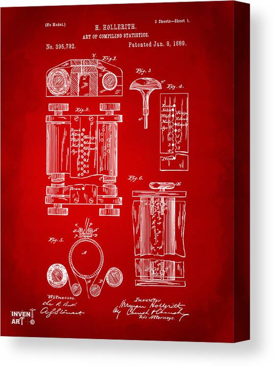 First Computer Canvas Print featuring the digital art 1889 First Computer Patent Red by Nikki Marie Smith