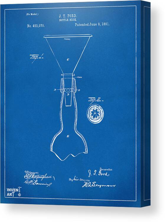 Bottle Neck Canvas Print featuring the digital art 1891 Bottle Neck Patent Artwork Blueprint by Nikki Marie Smith