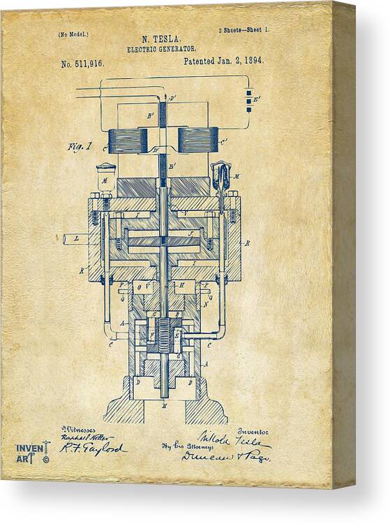 Tesla Canvas Print featuring the digital art 1894 Tesla Electric Generator Patent Vintage by Nikki Marie Smith