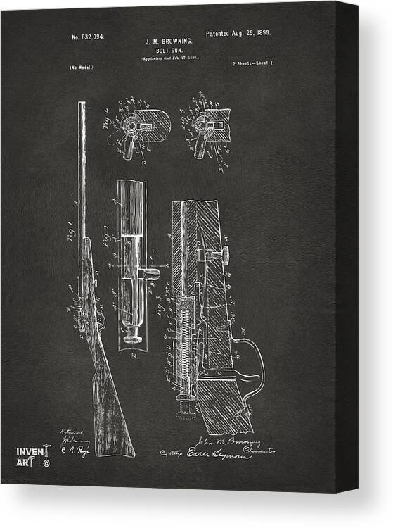 Browning Canvas Print featuring the digital art 1899 Browning Bolt Gun Patent Gray by Nikki Marie Smith