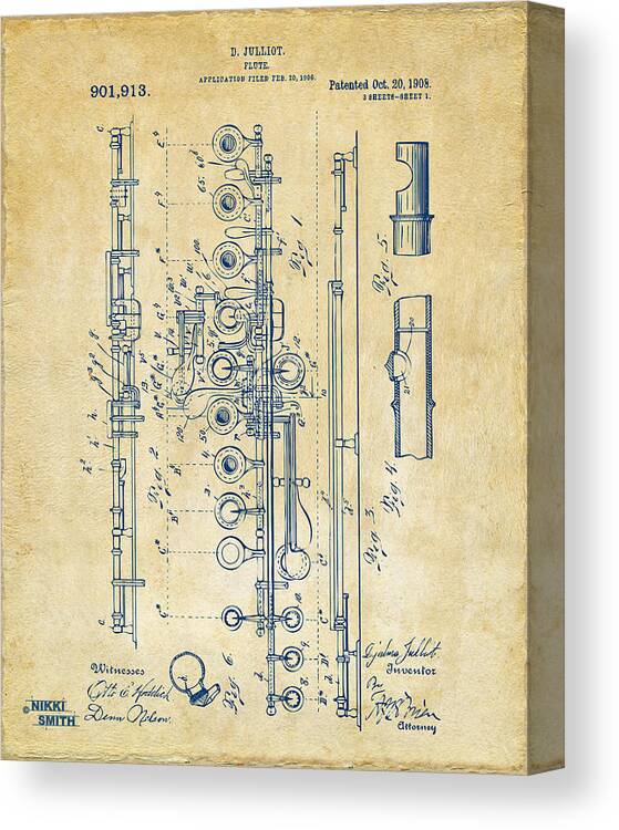 Flute Canvas Print featuring the digital art 1908 Flute Patent - Vintage by Nikki Marie Smith