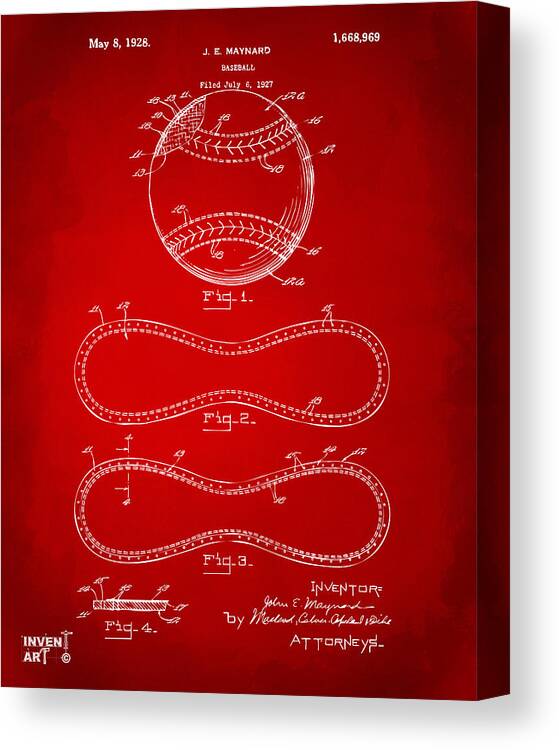Baseball Canvas Print featuring the digital art 1928 Baseball Patent Artwork Red by Nikki Marie Smith