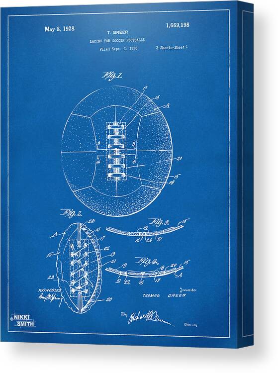 Soccer Canvas Print featuring the digital art 1928 Soccer Ball Lacing Patent Artwork - Blueprint by Nikki Marie Smith