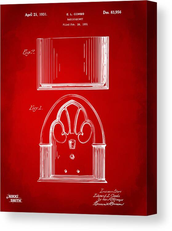 Radio Canvas Print featuring the drawing 1931 Philco Radio Cabinet Patent Artwork - Red by Nikki Marie Smith