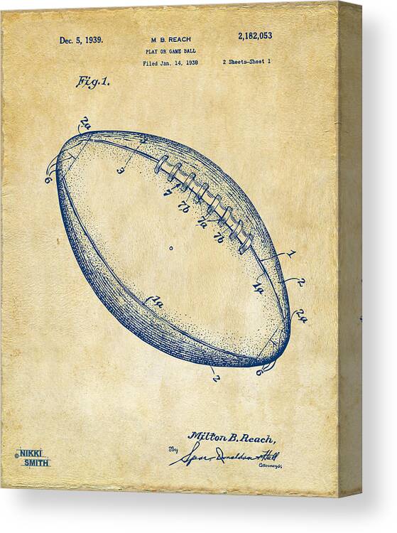 Fotball Canvas Print featuring the digital art 1939 Football Patent Artwork - Vintage by Nikki Marie Smith