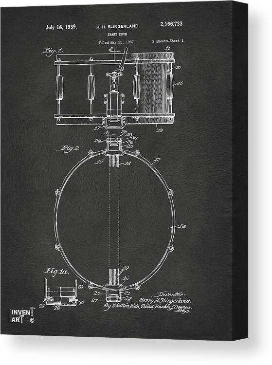 Drum Canvas Print featuring the digital art 1939 Snare Drum Patent Gray by Nikki Marie Smith