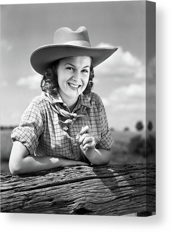 Photography Canvas Print featuring the photograph 1940s Cowgirl In Ten Gallon Western by Vintage Images