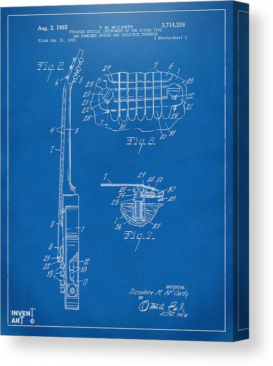 Guitar Canvas Print featuring the digital art 1955 McCarty Gibson Les Paul Guitar Patent Artwork 2 Blueprint by Nikki Marie Smith
