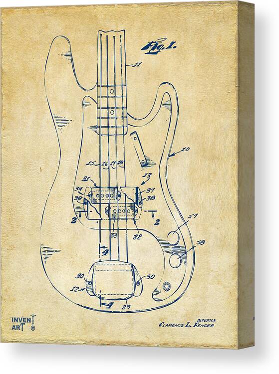 Guitar Canvas Print featuring the digital art 1961 Fender Guitar Patent Minimal - Vintage by Nikki Marie Smith