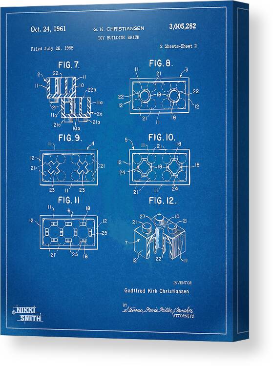 Toy Canvas Print featuring the digital art 1961 LEGO Brick Patent Artwork - Blueprint by Nikki Marie Smith
