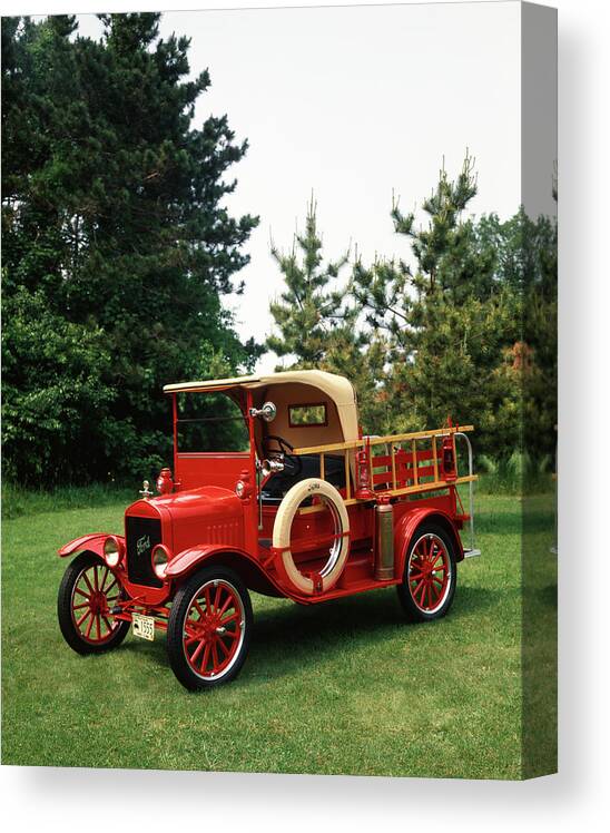 Photography Canvas Print featuring the photograph 1970s Red 1924 Model T Ford Fire Truck by Vintage Images