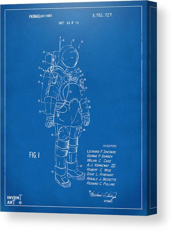 Space Suit Canvas Print featuring the digital art 1973 Space Suit Patent Inventors Artwork - Blueprint by Nikki Marie Smith