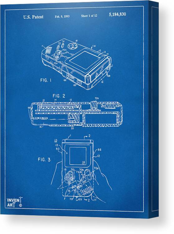 Nintendo Canvas Print featuring the digital art 1993 Nintendo Game Boy Patent Artwork Blueprint by Nikki Marie Smith