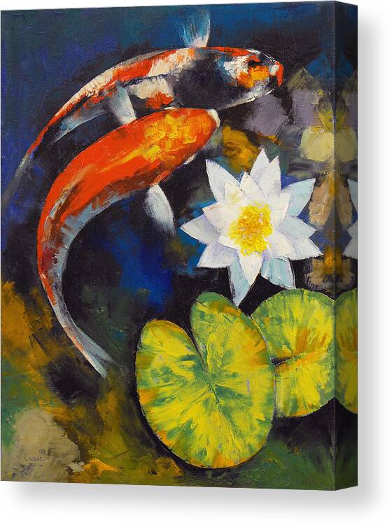 Water Lily Canvas Print featuring the painting Koi Fish and Water Lily #2 by Michael Creese