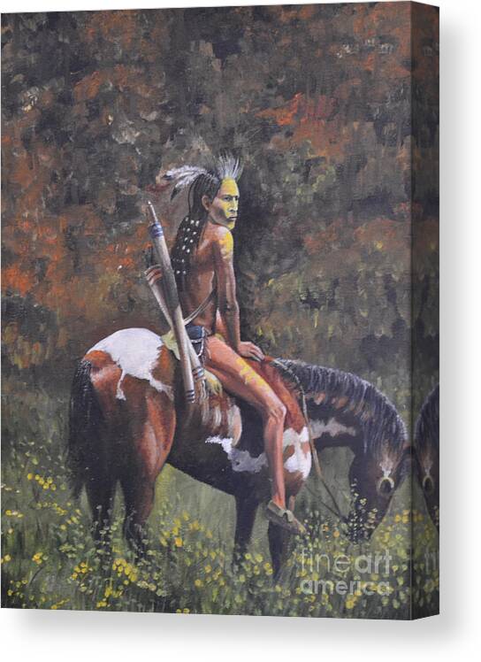 American Indian Sitting On A Painted Pony In The Woods Canvas Print featuring the painting Painted Pony by Martin Schmidt