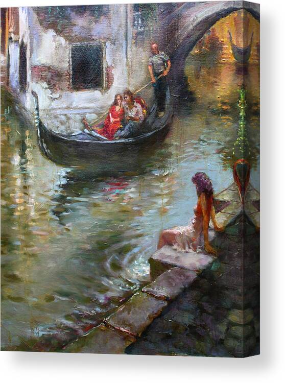 Romance Canvas Print featuring the painting Romance in Venice #4 by Ylli Haruni