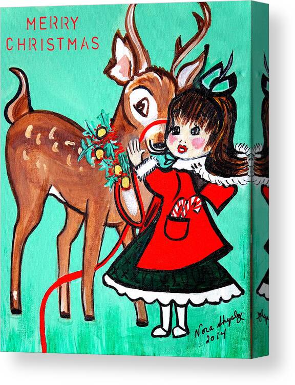 Little Girl With Reindeer Canvas Print featuring the painting Little Girl With Reindeer by Nora Shepley