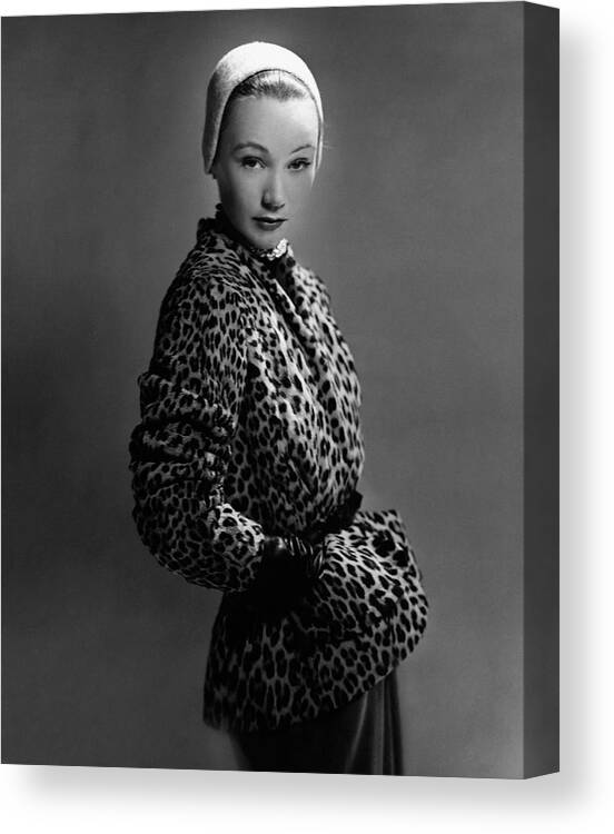 Fashion Canvas Print featuring the photograph A Model Wearing A Leopard Skin Jacket by Erwin Blumenfeld