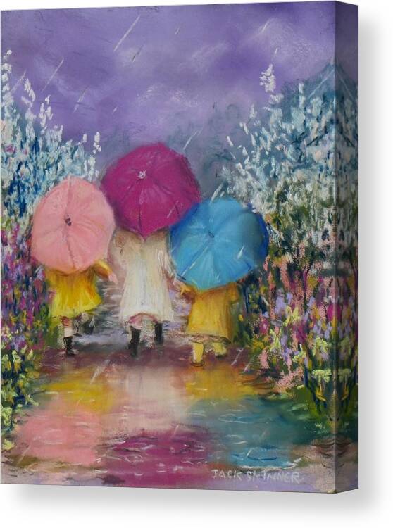 Rainy Canvas Print featuring the painting A Rainy Day Stroll with Mom by Jack Skinner