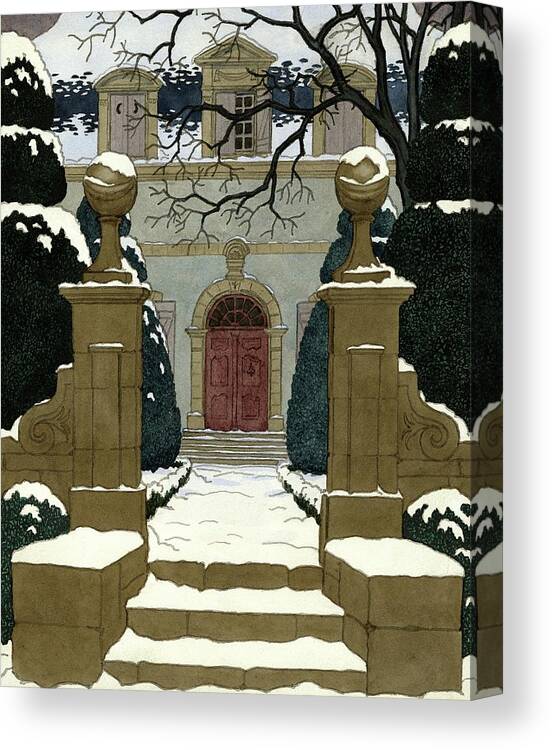 Exterior Canvas Print featuring the digital art A Snow Covered Pathway Leading To A Mansion by Pierre Brissaud